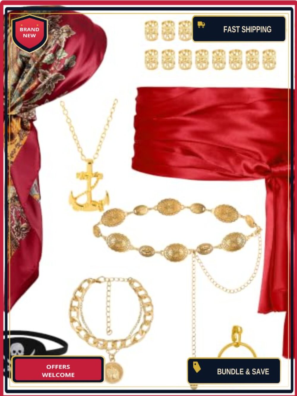 Pirate Costume Accessory Set 25pc Bandana Sash Belt Waist Chain Adult Halloween